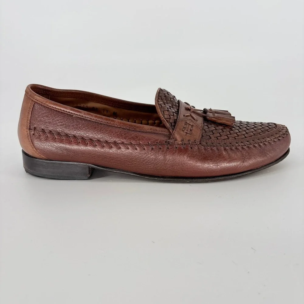 Brass Boot Brown Leather Loafers Men Size 11 M Woven Interlocking Tassel Slip On